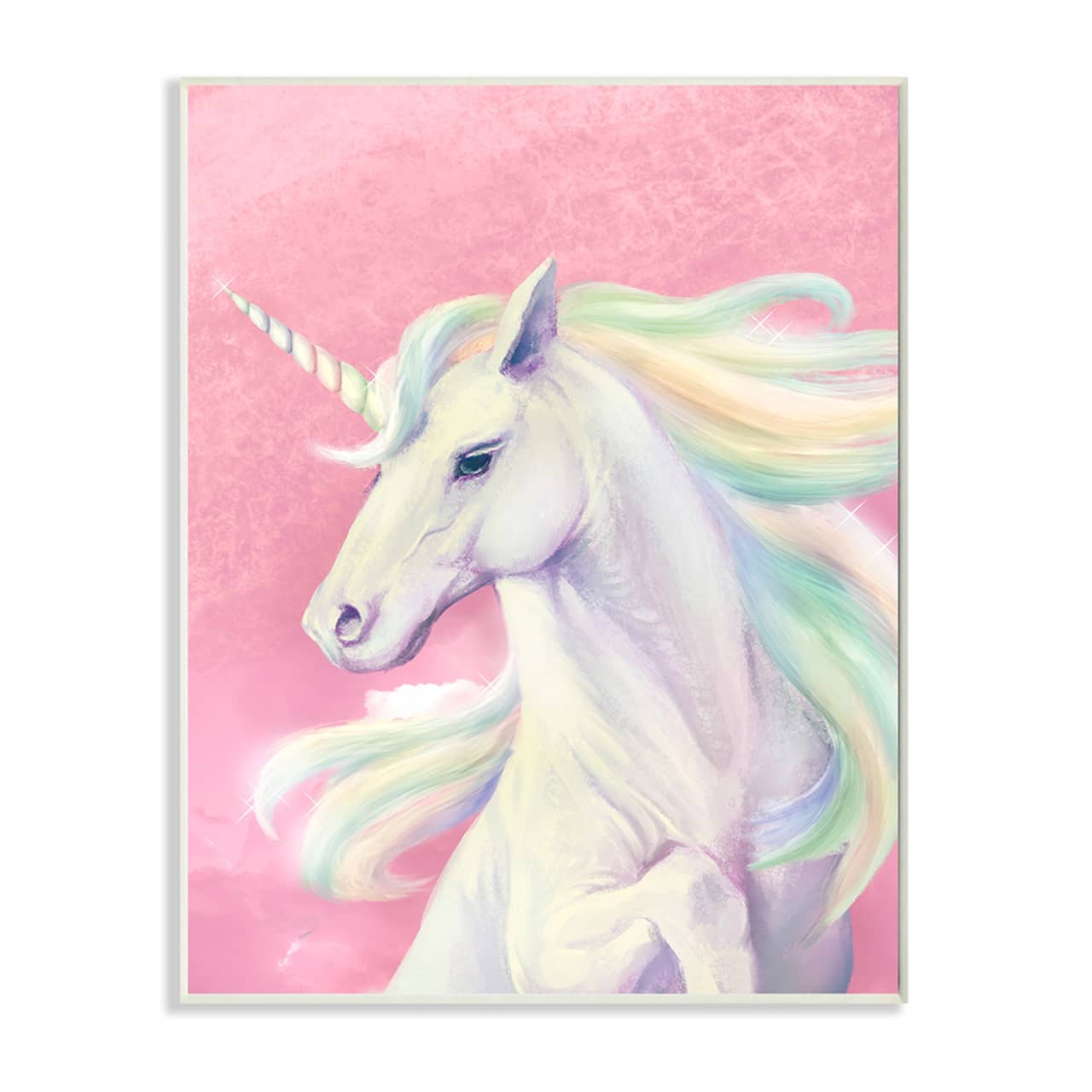 Stupell Industries Pink Unicorn Portrait Playful Rainbow Hair Wood Wall Plaque